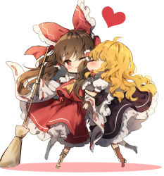 Rule 34 | 2girls, ahoge, apron, arm hug, ascot, black skirt, black vest, blonde hair, boots, bow, braid, broom, brown footwear, brown hair, chibi, closed eyes, commentary request, cross-laced footwear, detached sleeves, frilled apron, frilled bow, frilled shirt collar, frills, from side, full body, hair between eyes, hair bow, hair tubes, hakurei reimu, heart, holding, holding broom, kirisame marisa, kiss, kissing cheek, lace-up boots, long hair, long sleeves, looking at viewer, multiple girls, no headwear, one eye closed, open mouth, petticoat, piyokichi, profile, puffy short sleeves, puffy sleeves, red bow, red eyes, red skirt, ribbon-trimmed sleeves, ribbon trim, shirt, short sleeves, sidelocks, simple background, single braid, skirt, skirt set, touhou, vest, waist apron, white apron, white background, white shirt, wide sleeves, yellow ascot, yuri