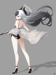 Rule 34 | 1girl, absurdres, black choker, black dress, black footwear, black hair, black horns, blue archive, breasts, choker, closed mouth, demon horns, dress, full body, grey background, grey hair, grey halo, grey jacket, gun, halo, high heels, highres, holding, holding gun, holding weapon, horns, jacket, kayoko (blue archive), kayoko (dress) (blue archive), kneepits, koflif, long hair, long sleeves, multicolored hair, official alternate costume, open clothes, open jacket, red eyes, shadow, signature, simple background, small breasts, solo, standing, weapon