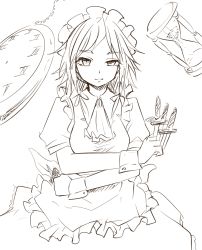 Rule 34 | 1girl, apron, ascot, between breasts, breasts, closed mouth, greyscale, hair ribbon, holding, holding knife, hourglass, izayoi sakuya, knife, looking at viewer, maid, maid headdress, miyo (ranthath), monochrome, puffy short sleeves, puffy sleeves, ribbon, short sleeves, simple background, solo, stopwatch, touhou, waist apron, watch, white background, wrist cuffs