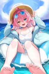 Rule 34 | 1girl, absurdres, blue archive, blue eyes, heterochromia, highres, hoangryu, hoshino (blue archive), innertube, long hair, long sleeves, looking at viewer, open clothes, open mouth, smile, solo, swim ring, swimsuit, yellow eyes
