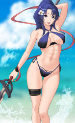 Rule 34 | 1girl, abs, arm behind head, bbk (13zk), bikini, blue bikini, blue eyes, blue hair, bracelet, breasts, cleavage, cloud, commentary, english commentary, feet out of frame, fire emblem, fire emblem: new mystery of the emblem, fire emblem heroes, flower, gold trim, groin, hair flower, hair ornament, halterneck, highleg, highleg bikini, highres, holding, holding polearm, holding weapon, jewelry, kris (fire emblem), long hair, looking at viewer, medium breasts, nintendo, open clothes, open mouth, polearm, ponytail, sidelocks, smile, solo, string bikini, swimsuit, thigh gap, thigh strap, thighs, vest, waves, weapon