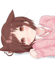 Rule 34 | 1girl, animal ears, bad id, bad pixiv id, bang dream!, blush, bob cut, brown hair, cat ears, clenched hand, commentary request, hazawa tsugumi, highres, kemonomimi mode, long sleeves, looking at viewer, lying, necktie, on side, pink necktie, pink sweater, short hair, sleeves past wrists, smile, solo, sweater, tsugumochi, white background