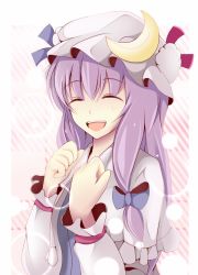 Rule 34 | 1girl, bad id, bad pixiv id, bow, crescent, closed eyes, female focus, hair bow, happy, hat, long hair, minamo iruka, open mouth, patchouli knowledge, purple hair, ribbon, smile, solo, touhou, upper body