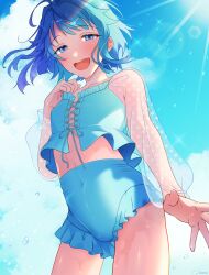 Rule 34 | 1boy, :d, ahoge, artist name, backlighting, bikini, bikini bottom only, blue bikini, blue eyes, blue hair, blush, bulge, covered navel, cowboy shot, crop top, cross-laced clothes, cross-laced top, day, ensemble stars!, frilled bikini, frills, hair ornament, hairclip, half-closed eyes, hand up, high-waist bikini, highres, jewelry, lens flare, long sleeves, looking at viewer, male focus, onatsu (1m2k2n1), open hand, open mouth, outdoors, ring, see-through, see-through sleeves, shino hajime, short hair, signature, smile, solo, sparkle, standing, star (symbol), star hair ornament, sunlight, swimsuit, trap, water drop, wet