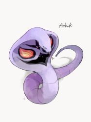 Rule 34 | arbok, black eyes, character name, commentary request, creatures (company), fangs, fangs out, full body, game freak, gen 1 pokemon, looking at viewer, nigiri (ngr24), nintendo, no humans, pokemon, pokemon (creature), signature, simple background, snake, solo, tongue, tongue out, white background