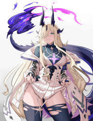Rule 34 | 1girl, absurdres, arknights, blonde hair, clothes lift, dragon horns, dragon tail, eblana (arknights), fire, gie (gienara), green eyes, hair over one eye, highres, horns, long hair, long sleeves, tail, thighs