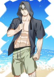 Rule 34 | 1boy, abs, bara, beach, closed mouth, commentary request, facial hair, green eyes, highres, hood, hoodie, male focus, mature male, muscular, muscular male, one eye closed, open clothes, original, shorts, solo, stubble, yoshinaga haru