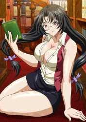 Rule 34 | 1girl, ahoge, alternate costume, bare arms, bare legs, black hair, black skirt, bookshelf, closed mouth, collared shirt, dress shirt, floating hair, glasses, hair intakes, hair ribbon, holding, ikkitousen, kaku bunwa, library, long hair, looking at viewer, low twintails, miniskirt, open clothes, open vest, partially unbuttoned, pencil skirt, purple ribbon, red eyes, red vest, ribbon, rimless eyewear, shiny skin, shirt, sitting, skirt, sleeveless, sleeveless shirt, smile, solo, twintails, very long hair, vest, white shirt, wing collar