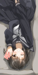 Rule 34 | 1girl, absurdres, black hair, black sailor collar, black serafuku, black shirt, black skirt, blush, brown eyes, cellphone, commentary request, couch, grey neckerchief, grin, hand up, highres, holding, holding phone, long sleeves, looking at viewer, lying, neckerchief, on back, on couch, one eye closed, original, pentagon (railgun ky1206), phone, pleated skirt, sailor collar, school uniform, serafuku, shirt, skirt, sleeves past wrists, smile, solo, translation request