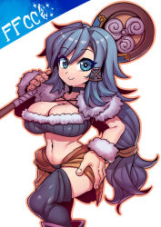 Rule 34 | 1girl, black choker, blue eyes, blue hair, breasts, choker, cleavage, cowboy shot, final fantasy, final fantasy crystal chronicles, fur cuffs, fur trim, hand on own hip, highres, large breasts, long hair, looking at viewer, low-tied long hair, midriff, navel, racket, selkie, simple background, smile, solo, standing, thighhighs, tukiwani, white background, wolfie selkie (female)