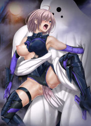 Rule 34 | 1boy, 1girl, ahoge, armor, armored boots, bare shoulders, black leotard, boots, breastplate, breasts, broken armor, censored, clothed sex, cyclone (reizei), elbow gloves, fate/grand order, fate (series), gloves, hair over one eye, hetero, highleg, highleg leotard, highres, homunculus, large breasts, leotard, light purple hair, mash kyrielight, monster, mosaic censoring, nipples, one breast out, open mouth, penis, purple eyes, purple gloves, pussy, rape, restrained, reverse suspended congress, sex, sex from behind, short hair, spread legs, thigh strap, thighhighs, thighs, vaginal