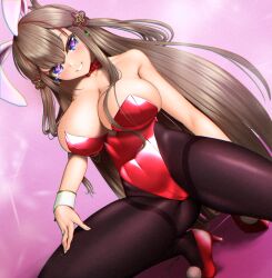 Rule 34 | + +, 1girl, animal ears, atora yuki, bare shoulders, black pantyhose, blue eyes, bow, bowtie, breasts, brown hair, detached collar, dutch angle, flower-shaped pupils, high heels, highleg, highleg leotard, highres, large breasts, leotard, long hair, looking at viewer, multicolored hair, pantyhose, parted lips, pink background, playboy bunny, pom pom (clothes), rabbit ears, rabbit tail, red bow, red bowtie, red footwear, red hair, red leotard, senran kagura, smile, solo, strapless, strapless leotard, symbol-shaped pupils, tail, thighband pantyhose, toki (senran kagura), wrist cuffs