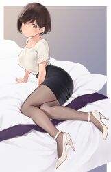 Rule 34 | 1girl, blanket, blush, breasts, brown eyes, brown hair, collared shirt, formal, full body, high heels, highres, large breasts, looking at viewer, office lady, on bed, original, pantyhose, pencil skirt, shirt, short hair, skirt, skirt suit, solo, suit, wa (genryusui), white footwear, white shirt