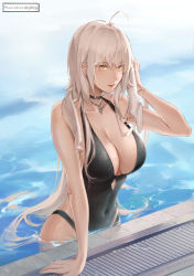 Rule 34 | 1girl, ahoge, arm up, bad id, bad pixiv id, bare arms, bare shoulders, black choker, black one-piece swimsuit, breasts, casual one-piece swimsuit, choker, cleavage, closed mouth, collarbone, commentary, covered navel, drying, drying hair, ear piercing, fate/grand order, fate (series), highres, jeanne d&#039;arc (fate), jeanne d&#039;arc alter (avenger) (fate), jeanne d&#039;arc alter (fate), jewelry, large breasts, lipstick, long hair, makeup, necklace, one-piece swimsuit, partially submerged, piercing, pixiv id, pool, revision, rifu (643763873), silver hair, solo, swimsuit, towel, towel around neck, water, yellow eyes