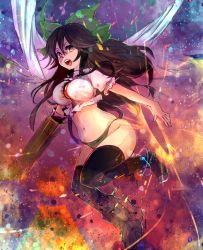 Rule 34 | 1girl, arm cannon, black thighhighs, boots, bow, breasts, brown eyes, brown hair, cape, green panties, hair bow, large breasts, long hair, looking at viewer, meiji (charisma serve), midriff, navel, no pants, open mouth, panties, puffy sleeves, reiuji utsuho, shirt, short sleeves, solo, thighhighs, third eye, touhou, underwear, weapon