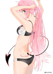 Rule 34 | 1girl, alternate hairstyle, armpits, arms up, ass, back, bare arms, bare shoulders, black bra, black panties, blush, bra, breasts, butt crack, closed mouth, cowboy shot, demon tail, from behind, lala satalin deviluke, long hair, looking at viewer, looking back, medium breasts, murio, panties, ponytail, profile, sidelocks, simple background, solo, standing, tail, to love-ru, twitter username, tying hair, underwear, underwear only, very long hair, white background