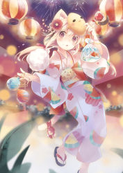 Rule 34 | 1girl, :o, animal ears, bad id, bad pixiv id, bag, bagged fish, bell, between fingers, bird mask, blonde hair, blush, candy apple, cat ears, cat tail, chocolate banana, cotton candy, fireworks, fish, food, food on face, food request, full body, holding, japanese clothes, kimono, lantern, looking to the side, mask, millcutto, night, night sky, open mouth, original, outdoors, paper lantern, purple eyes, sandals, sky, solo, summer festival, tail, walking, wide sleeves, yukata