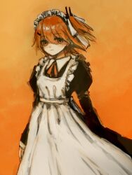 Rule 34 | 1girl, a.i. voice, adachi rei, alternate costume, apron, black dress, closed mouth, cowboy shot, dress, enmaided, gradient background, hair ornament, hair ribbon, hairclip, hashtag-only commentary, highres, long sleeves, looking at viewer, maid, maid apron, maid day, maid headdress, medium hair, neck ribbon, one side up, orange background, orange eyes, orange hair, orange ribbon, radio antenna, ribbon, simaenaenaga, solo, standing, utau, white apron, white ribbon