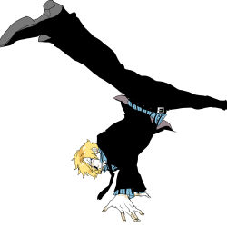 Rule 34 | 1boy, blonde hair, blue shirt, fighting stance, formal, full body, hair over one eye, handstand, male focus, necktie, one piece, sanji (one piece), shirt, simple background, smoking, solo, suit, xla009