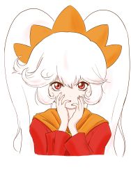 Rule 34 | 1girl, :o, ashley (warioware), big hair, child, cropped torso, detesu, dot nose, dress, eyelashes, female focus, finger to mouth, fingernails, hair between eyes, hairband, hands on own face, highres, lips, long hair, long sleeves, looking at viewer, nintendo, orange hairband, orange neckwear, parted lips, red dress, red eyes, sidelocks, simple background, solo, twintails, upper body, warioware, white background, white hair, witch