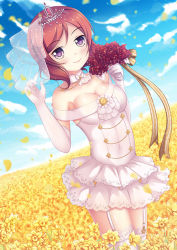 Rule 34 | 10s, 1girl, breasts, brown hair, cleavage, covered navel, day, diadem, dress, elbow gloves, euforia, flower, garter straps, gloves, holding, holding flower, looking at viewer, love live!, love live! school idol festival, love live! school idol project, medium breasts, nishikino maki, outdoors, purple eyes, sky, solo, thighhighs, white dress, white gloves, white thighhighs