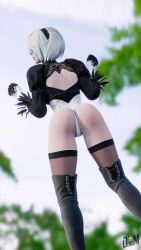 Rule 34 | 1girl, 3d, animated, ass, ass shake, back cutout, black blindfold, blindfold, boots, clothing cutout, dancing, elbow gloves, gloves, hairband, highres, juliet sleeves, leotard, long sleeves, naughty denism, nier (series), nier:automata, puffy sleeves, short hair, solo, thigh boots, thighhighs, thighhighs under boots, thighs, video, white hair, 2b (nier:automata)