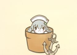 Rule 34 | 1girl, anchor, beige background, blush, chibi, flower knight girl, flower pot, grey hair, hair ornament, hat, heart, heart hair ornament, ikarisou (flower knight girl), in container, koti, looking at viewer, open mouth, sailor hat, solid oval eyes, solo