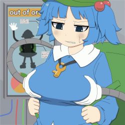 Rule 34 | 1girl, animated, animated gif, backpack, bag, blue eyes, blue hair, blue shirt, blush, breasts, collared shirt, english text, female focus, grabbing, graph, green headwear, groping, hair bobbles, hair ornament, hat, indoors, kawashiro nitori, key, kigan&#039;eiji, large breasts, long sleeves, looking down, mechanical arms, parted lips, shirt, short hair, sweat, sweatdrop, teeth, touhou, twintails, wire
