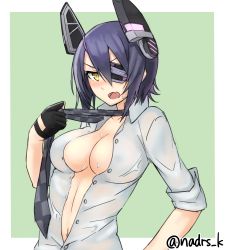 Rule 34 | 10s, 1girl, blush, breasts, checkered clothes, checkered necktie, checkered neckwear, eyepatch, green background, headgear, kantai collection, looking at viewer, nazunakku, necktie, open clothes, open mouth, open shirt, shirt, short hair, sketch, solo, tenryuu (kancolle), wet, wet clothes, yellow eyes