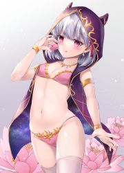 Rule 34 | 1girl, absurdres, bikini, blush, breasts, closed mouth, fate/grand order, fate (series), flower, gradient background, hair ribbon, hane yuki, highres, hood, horned hood, horns, jewelry, kama (chocolate heaven) (fate), kama (fate), licking lips, looking at viewer, lotus, navel, necklace, pink bikini, pink ribbon, red eyes, ribbon, short hair, small breasts, smile, solo, star (sky), swimsuit, thighhighs, thighs, tongue, tongue out, white thighhighs