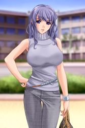 Rule 34 | 1girl, bag, belt, blue eyes, blue hair, breasts, building, denim, female focus, fingernails, hand on own hip, handbag, jeans, large breasts, long fingernails, long hair, looking at viewer, matching hair/eyes, nail polish, nature, outdoors, pants, plant, sano toshihide, sky, solo, standing