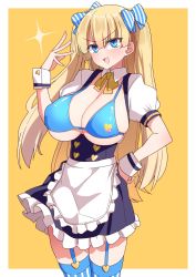 Rule 34 | 1girl, akitokage, apron, bikini, blonde hair, blue eyes, borrowed character, bow, breastless clothes, breasts, buttons, cleavage, garter straps, glint, hair bow, heart button, highres, large breasts, lina (michihasu), long hair, looking at viewer, original, smile, solo, striped bow, striped clothes, striped thighhighs, swimsuit, thighhighs, twintails, waitress, wrist cuffs, yellow neckwear