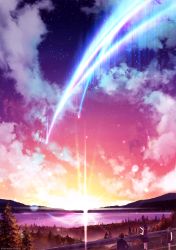 Rule 34 | 1boy, 2girls, braid, brown hair, cloud, diffraction spikes, highres, kimi no na wa., looking away, multiple girls, outdoors, pointing, scenery, short braid, short hair, sky, star (sky), starry sky, sunset, tree, twin braids, yomochi (y0m0chi)