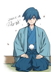 Rule 34 | 1boy, blue eyes, blue hair, blue kimono, closed mouth, commentary request, creatures (company), dated, falkner (pokemon), falling petals, full body, game freak, hair over one eye, hakama, hakama pants, hands on own thighs, haori, highres, jacket, japanese clothes, kimono, looking at viewer, male focus, nintendo, open clothes, open jacket, pants, petals, pokemon, pokemon hgss, short hair, signature, sitting, solo, tamura (kouititamura)