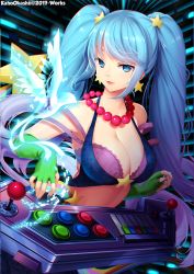 Rule 34 | 1girl, arcade sona, arcade stick, artist name, bare shoulders, bead necklace, beads, bird, blue eyes, blue hair, blue nails, bra, breasts, cleavage, controller, crop top, dissolving, earrings, eyelashes, fingerless gloves, floating hair, game controller, gloves, glowing, gradient hair, green gloves, hair ornament, halterneck, jewelry, joystick, kaho okashii, large breasts, league of legends, long hair, looking at viewer, medium breasts, midriff, multicolored hair, nail polish, necklace, parted lips, purple bra, purple hair, rainbow, red lips, revision, sidelocks, solo, sona (league of legends), star (symbol), star earrings, star hair ornament, strap slip, transparent, twintails, two-tone hair, underwear, upper body