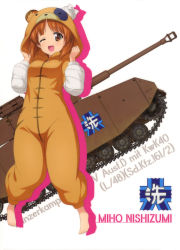 Rule 34 | 10s, 1girl, ;d, absurdres, animal costume, animal hood, bandages, barefoot, brown eyes, brown hair, cowboy shot, full body, girls und panzer, highres, hood, looking at viewer, military, military vehicle, motor vehicle, nishizumi miho, one eye closed, open mouth, panzer iv, panzer iv, smile, solo, tank, white background