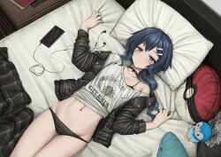 Rule 34 | 1girl, absurdres, bed sheet, black bra, black collar, black jacket, black panties, blanket, blue eyes, blush, bra, cellphone, character doll, closed mouth, collar, commission, creatures (company), earphones removed, from above, game freak, gen 4 pokemon, groin, hair ornament, hairclip, highres, ikea shark, jacket, jewelry, lobsteranian, lying, navel, necklace, nintendo, off shoulder, official alternate costume, on back, on bed, open clothes, open jacket, original, panties, phone, pillow, piplup, poke ball print, pokemon, pokemon bdsp, print shirt, sheet grab, shirt, single bare shoulder, smartphone, smile, solo, stuffed animal, stuffed shark, stuffed toy, triangle, underwear, white shirt