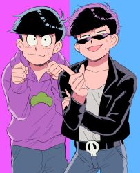 Rule 34 | 10s, 2boys, bad id, bad twitter id, black hair, brothers, cosplay, costume switch, denim, hood, hoodie, jacket, jeans, leather, leather jacket, male focus, matsuno ichimatsu, matsuno ichimatsu (cosplay), matsuno karamatsu, matsuno karamatsu (cosplay), multiple boys, oniyama831, osomatsu-kun, osomatsu-san, osomatsu (series), pants, paw pose, siblings, simple background, sweat, track pants, two-tone background