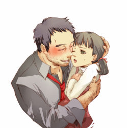 Rule 34 | 1boy, 1girl, age difference, atlus, beard stubble, brown eyes, brown hair, chagashi, closed eyes, doujima nanako, doujima ryoutarou, drunk, facial hair, father and daughter, frown, hand on another&#039;s head, hand on own chest, hug, necktie, one eye closed, open mouth, persona, persona 4, pig tail, satou chagashi, simple background, stubble, tail, white background