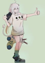 Rule 34 | 1girl, absurdres, ahoge, animal ears, black nails, blush, camera, club (weapon), commentary request, full body, green socks, grey eyes, grey hair, grin, hair between eyes, highres, holding, holding camera, hololive, lion ears, lion girl, lion tail, looking ahead, loose socks, mato (target5260), no pants, print shirt, shirt, shishiro botan, shishiro botan (casual), shoes, short sleeves, simple background, smile, sneakers, socks, solo, standing, tail, thumbs up, virtual youtuber, weapon, white background, white shirt, white tail