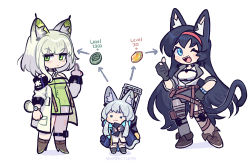 Rule 34 | 3girls, :3, ;d, animal ears, anklet, arknights, asymmetrical legwear, backpack, bag, black bracelet, black cape, black footwear, black gloves, black hair, black skirt, black thighhighs, blaze (arknights), blue eyes, blush, boots, brown footwear, brown thighhighs, cape, cat ears, cat girl, cat tail, censored, censored gesture, chibi, commentary, criss-cross halter, dress, earpiece, english commentary, fangs, fingerless gloves, full body, gloves, green dress, green eyes, green hair, grey hair, hairband, halterneck, hand on own hip, hand up, holding, infection monitor (arknights), jacket, jewelry, kal&#039;tsit (arknights), long hair, looking at viewer, middle finger, mismatched legwear, multiple girls, off-shoulder dress, off-shoulder jacket, off shoulder, one eye closed, open mouth, red hairband, rosmontis (arknights), sharktuna, shirt, shoes, short hair, skirt, sleeves past elbows, smile, standing, tail, thighhighs, thumbs up, v-shaped eyebrows, very long hair, watch, white dress, white jacket, white shirt, wristwatch