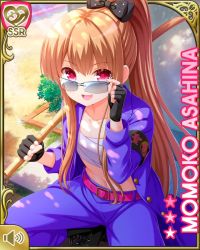 Rule 34 | 1girl, asahina momoko, banchou, belt, black bow, bouken, bow, brown hair, delinquent, fingerless gloves, girlfriend (kari), glasses, gloves, holding, jacket, japanese clothes, long hair, midriff, official art, open mouth, outdoors, pants, pink belt, pocket, ponytail, purple jacket, purple pants, qp:flapper, red eyes, sarashi, school, sitting, smile, solo, standing, stomach, tagme, window, wrappings