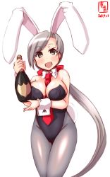 Rule 34 | 1girl, animal ears, artist logo, between breasts, black eyes, black leotard, bottle, breasts, chitose (kancolle), commentary request, dated, detached collar, fake animal ears, grey hair, grey pantyhose, highres, kanon (kurogane knights), kantai collection, large breasts, leotard, long hair, looking at viewer, necktie, necktie between breasts, pantyhose, playboy bunny, ponytail, rabbit ears, rabbit tail, red necktie, simple background, smile, solo, strapless, strapless leotard, tail, thighs, white background, wine bottle, wrist cuffs