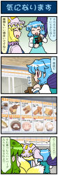 Rule 34 | 3girls, 4koma, anger vein, animal hat, artist self-insert, blonde hair, blue hair, closed eyes, comic, commentary request, food, fox tail, gradient background, green hair, hat, hat with ears, highres, juliet sleeves, kochiya sanae, long sleeves, mizuki hitoshi, mob cap, multiple girls, multiple tails, open mouth, mob cap, puffy sleeves, real life insert, shirt, sign, skirt, smile, tail, tatara kogasa, touhou, translated, vest, yakumo ran