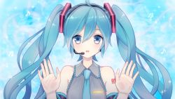 Rule 34 | 1girl, against glass, ahoge, akiyoshi (tama-pete), arm tattoo, bare shoulders, beamed semiquavers, black hairband, blue background, blue eyes, blue hair, blue necktie, commentary request, detached sleeves, grey shirt, hair between eyes, hair ornament, hairband, hands up, hatsune miku, headset, light smile, long hair, long sleeves, musical note, necktie, number tattoo, palms, parted lips, quaver, shirt, sleeveless, sleeveless shirt, solo, tareme, tattoo, twintails, upper body, very long hair, vocaloid
