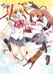 Rule 34 | 2girls, blonde hair, blue eyes, bow, bowtie, brown hair, cat, full body, grey skirt, jumping, kamikita komari, little busters!, loafers, looking at viewer, multiple girls, natsume rin, outstretched arms, pink bow, plaid, plaid skirt, pleated skirt, red bow, red bowtie, red eyes, school uniform, serafuku, shirt, shoes, short sleeves, skirt, thighs, twintails, white shirt
