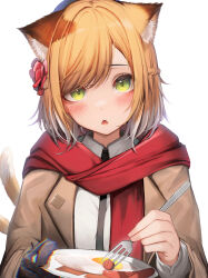 Rule 34 | 1girl, :o, absurdres, animal ear fluff, animal ears, arknights, black necktie, braid, brown coat, coat, food, fork, green eyes, highres, holding, holding fork, holding plate, long sleeves, looking at viewer, mousse (arknights), mousse (campfire cooking smoke) (arknights), necktie, official alternate costume, orange hair, plate, red scarf, scarf, shirt, simple background, solo, tab head, upper body, white background, white shirt