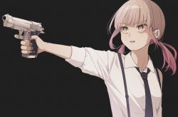 Rule 34 | 1girl, beretta 92, black background, black necktie, brown eyes, brown hair, brown nails, collared shirt, commentary request, ear piercing, gun, handgun, highres, holding, holding gun, holding weapon, long hair, long sleeves, low twintails, nail polish, necktie, open mouth, original, outstretched arm, piercing, shirt, sidelocks, simple background, solo, suspenders, teeth, thick eyebrows, tsuruse, twintails, upper body, upper teeth only, weapon, weapon request, white shirt