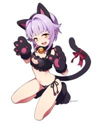 Rule 34 | &gt;;3, 10s, 1girl, animal ears, animal hands, bell, black bra, black panties, bra, brown eyes, cat cutout, cat ear panties, cat ears, cat lingerie, cat tail, cleavage cutout, clothing cutout, collar, eyebrows, fake animal ears, fang, frilled bra, frills, fur collar, gloves, hair flaps, hair intakes, hairband, head tilt, idolmaster, idolmaster cinderella girls, jingle bell, kneeling, koshimizu sachiko, looking at viewer, meme attire, navel, neck bell, open mouth, panties, paw gloves, paw shoes, purple hair, ribbon, shoes, short hair, side-tie panties, solo, stomach, tail, tail ornament, tail ribbon, twitter username, underwear, underwear only, v-shaped eyebrows, white background, zn (zzzzzni)