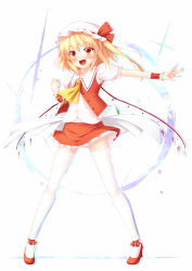 Rule 34 | 1girl, absurdres, ascot, blonde hair, child, embodiment of scarlet devil, female focus, flandre scarlet, full body, hat, highres, nullken, open mouth, outstretched arms, red eyes, short hair, side ponytail, smile, solo, spread arms, thighhighs, touhou, white background, white thighhighs, wings, wrist cuffs, zettai ryouiki